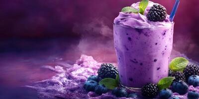 Refreshing berry smoothie served in a glass with mint leaves and berries on a colorful background photo