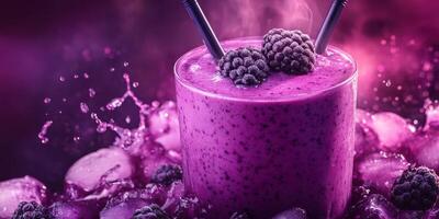 Refreshing purple smoothie with berries and ice against a vibrant background photo