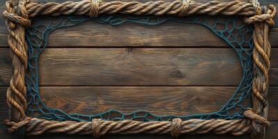 Rustic wooden frame adorned with natural rope and netting for coastal decor photo