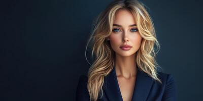Elegant woman with stunning blonde hair poses confidently in a dark background setting photo
