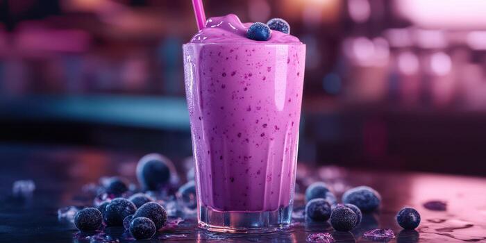 Vibrant smoothie displayed in a tall glass garnished with fresh blueberries in a modern cafe setting photo