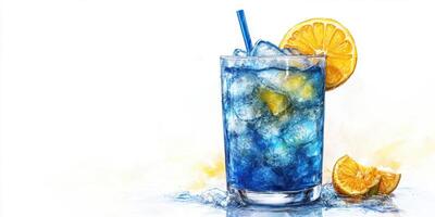 Refreshing blue cocktail with ice and orange slice on a sunny day near the beach photo