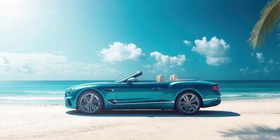 Sleek convertible parked on a pristine beach with tranquil sea and palm trees in bright daylight photo