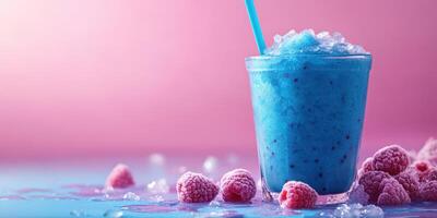 Refreshing blue slushy drink with raspberries on a colorful background photo