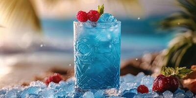 Refreshing tropical cocktail with vibrant blue color, garnished with raspberries and mint, set against a beach backdrop photo