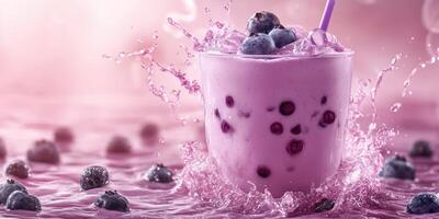 Refreshing berry smoothie splashes in vibrant pink environment with blueberries falling around photo