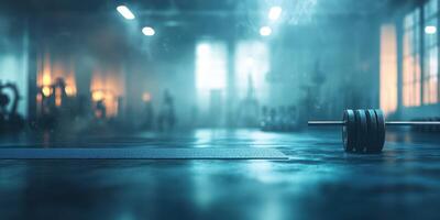 Weightlifting equipment rests on the gym floor during a misty evening workout session in a modern fitness facility photo