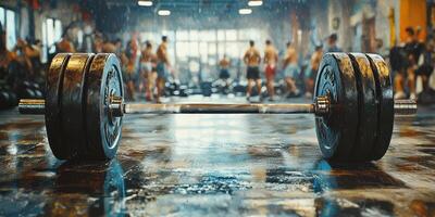 Weights resting on a gym floor after an intense workout session in a busy fitness center photo