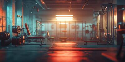 Modern gym interior with weights and benches illuminated by warm lighting during early morning hours photo