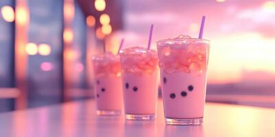Refreshing fruit-flavored beverages served in clear glasses against a vibrant sunset backdrop photo