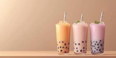 Colorful bubble tea drinks arranged on a wooden table highlighting various flavors and toppings in a warm setting photo