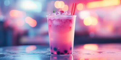 Refreshing colorful drink served in a cup with ice, bubbles, and vibrant hues at an outdoor setting during evening hours photo
