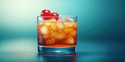 Cocktail served in a glass with ice and cherries garnished on top at a stylish bar setting photo
