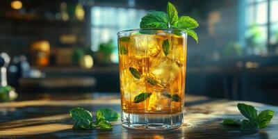Refreshing drink with mint leaves served in a stylish glass in a cozy indoor setting photo