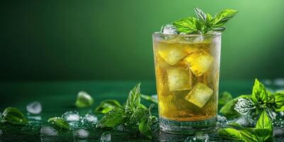 Refreshing mint beverage with ice cubes in a glass against a vibrant green background photo
