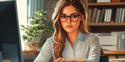 Focused professional woman working at desk with computer in modern office setting during daylight hours photo