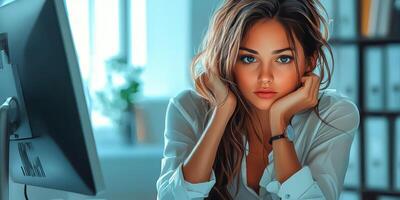 Young woman working concentrated at desk in a bright office, considering ideas on a busy day photo