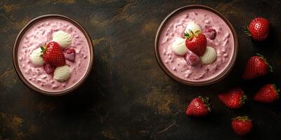 Sweet strawberry dessert served in bowls with whipped cream and fresh fruit placed on a dark textured surface photo