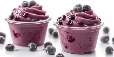 Deliciously creamy frozen yogurt topped with fresh blueberries and blackberries in clear plastic cups photo