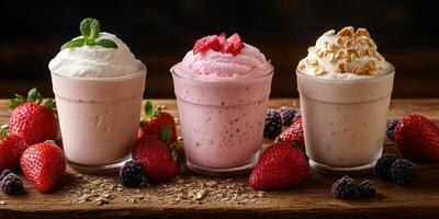 Delicious dessert cups with whipped cream and fresh fruits served on a rustic wooden table photo