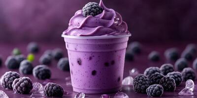 Delicious purple frozen treat topped with fresh berries set against a vibrant purple backdrop photo