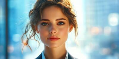 Young professional woman with striking features poses confidently in bright office environment during the day photo