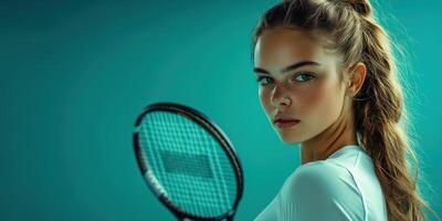 Young athlete poses confidently with a tennis racket in a studio setting, showcasing determination and focus photo