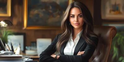 Confident businesswoman sitting in an elegant office with a sophisticated atmosphere and decorative artwork on display photo
