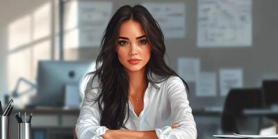 Professional woman in a bright office setting engaged in focused work at her desk during the daytime photo