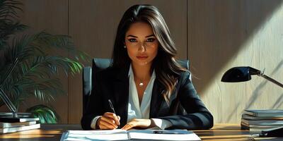 Professional woman in an office setting diligently writing notes and planning her next steps during a bright day photo