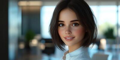 Young professional woman smiling in modern office with natural light during work hours photo
