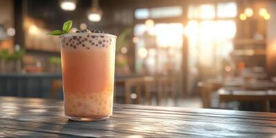 Refreshing bubble tea served in a cozy cafe during golden hour photo