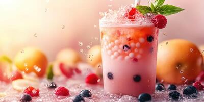 Refreshing fruit beverage with bubbles and splashes served in a glass amidst assorted fruits and droplets photo