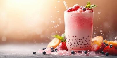 Refreshing bubble tea served with fresh fruits during a summer gathering photo