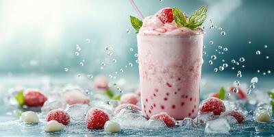 Refreshing summer beverage featuring strawberries and cream with mint on ice photo