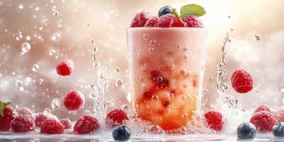 Refreshing berry smoothie in a clear glass with splashes at a bright kitchen setting during summer afternoons photo