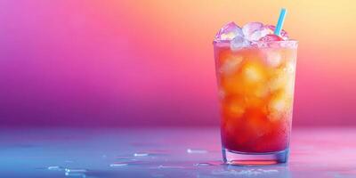 Refreshing tropical drink with ice served in a clear glass against a colorful background photo