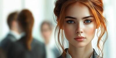 Young woman with red hair gazes confidently while surrounded by blurred figures in a business setting during the day photo