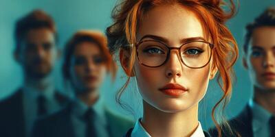 Confident businesswoman leads a team in a corporate setting during a strategic meeting photo