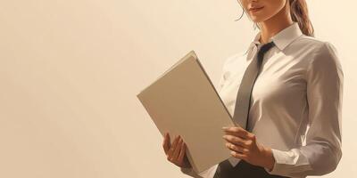 Professional woman in attire holding blank document in a neutral environment during daytime photo