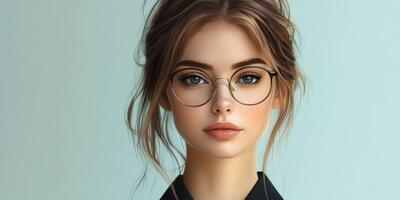 Digital portrait of a young woman with glasses, styled hair, and a soft expression in vibrant colors photo
