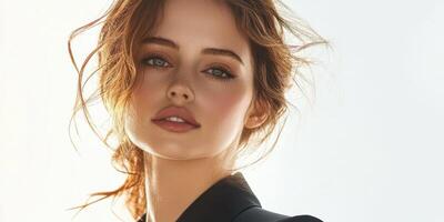 Portrait of a woman with soft makeup and tousled hair in bright natural light setting by the coast photo