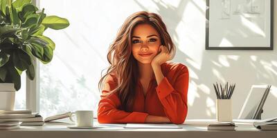 Young woman in vibrant attire sitting at a desk with a serene afternoon glow and plants in a modern workspace photo