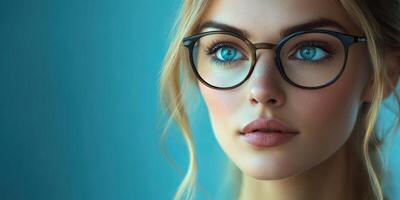 Stunning young woman with blue eyes and glasses on a serene blue background in indoor lighting photo