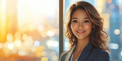 Woman with a radiant smile standing by the window during sunset in a modern urban setting photo