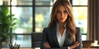 Confident businesswoman in a modern office setting during daytime exudes professionalism and poise photo