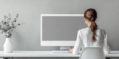 Person working at a modern desk with a computer in a minimalistic workspace during daytime photo