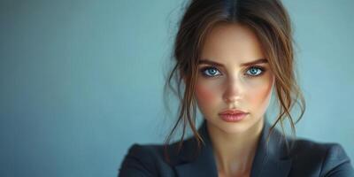 Young woman poses confidently with a serious expression against a neutral background in a studio setting photo