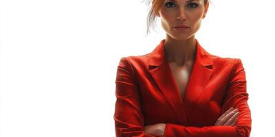 Confident woman in a red blazer poses with arms crossed against a bright white background photo
