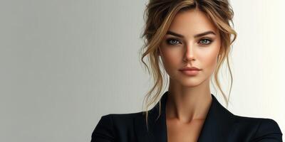 Confident woman in stylish attire posing against a light background during a photoshoot session photo